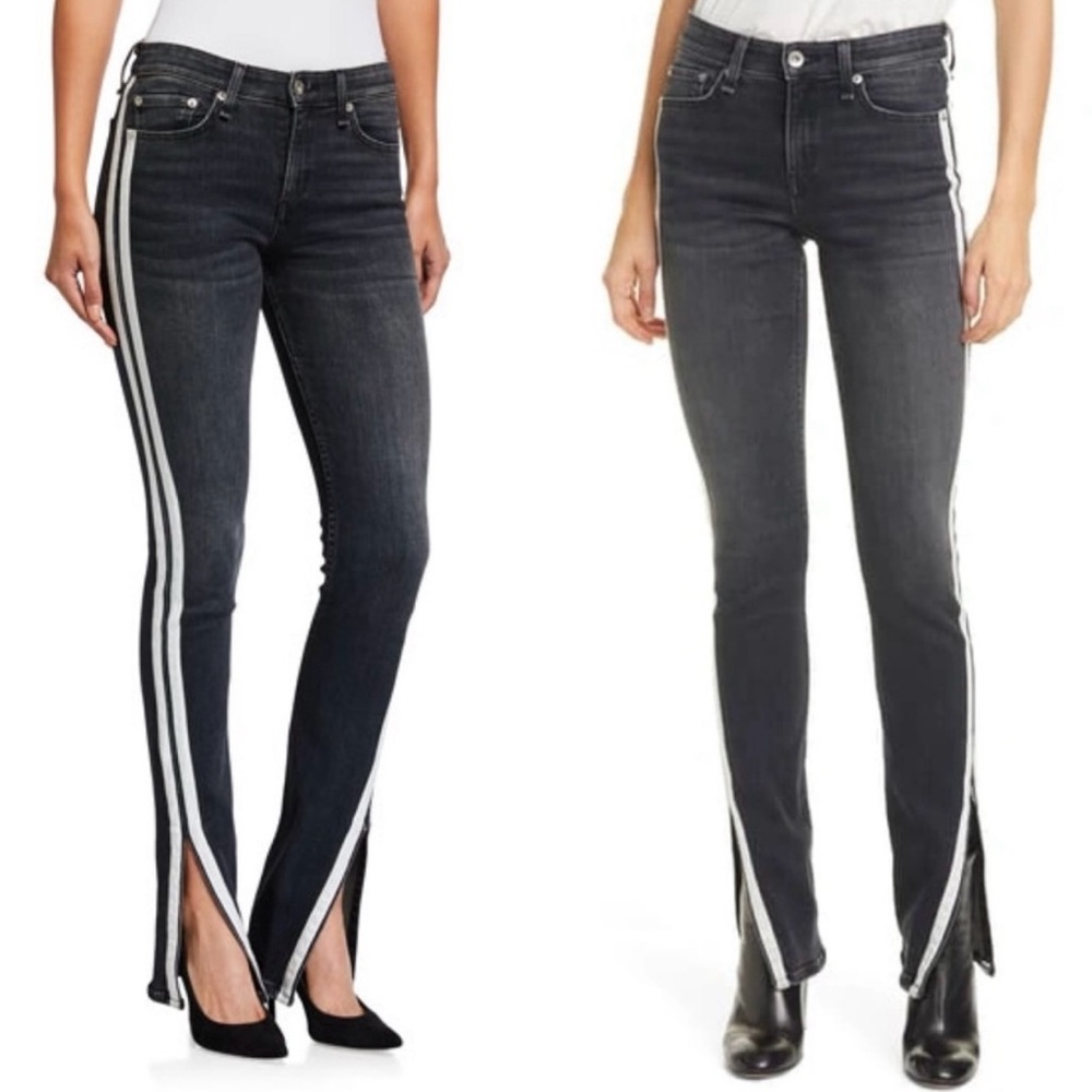 Rag & Bone Size 31 Black White Striped Jeans Cate Mid Rise Slit Flare